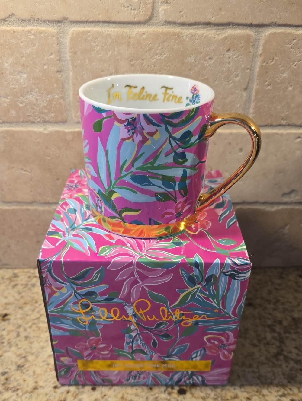 Lilly Pulitzer Pink Floral Mug with Gold Handle and Script